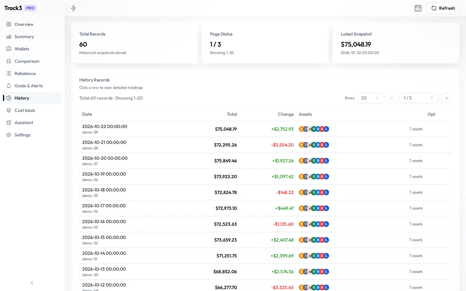 Track3 portfolio history on desktop
